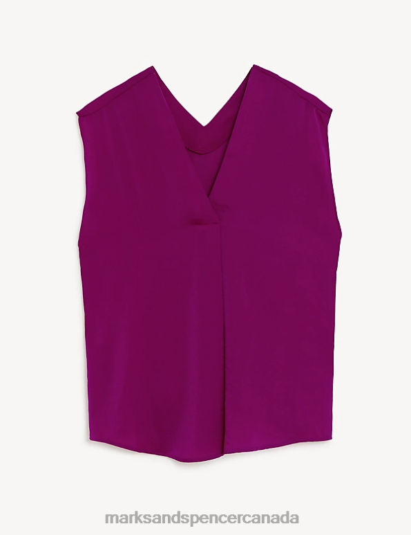 Women Dark Magenta Clothing Marks & Spencer Satin V-Neck Popover Blouse 20VTD1289 - Marks and Spencer online