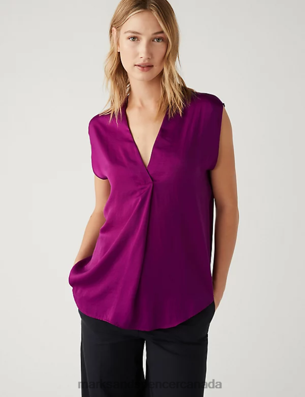 Women Dark Magenta Clothing Marks & Spencer Satin V-Neck Popover Blouse 20VTD1289 - Marks and Spencer online