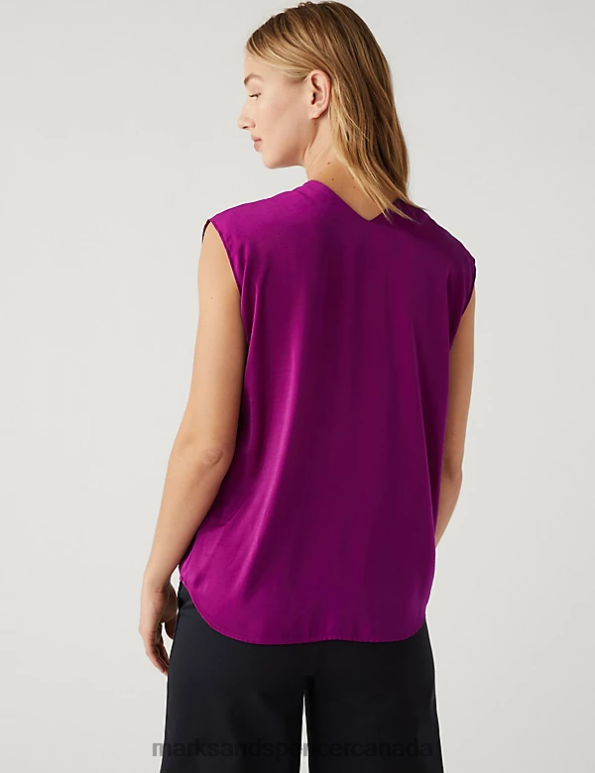Women Dark Magenta Clothing Marks & Spencer Satin V-Neck Popover Blouse 20VTD1289 - Marks and Spencer online