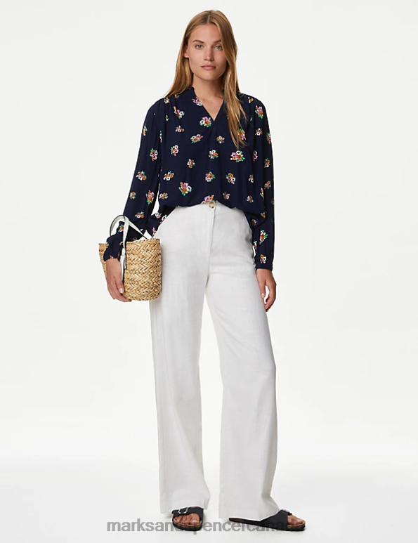 Marks and Spencer Canada - Women Dark Navy Mix Clothing Marks & Spencer Printed Regular Fit Long Sleeve Blouse 20VTD834
