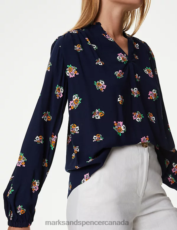 Marks and Spencer Canada - Women Dark Navy Mix Clothing Marks & Spencer Printed Regular Fit Long Sleeve Blouse 20VTD834