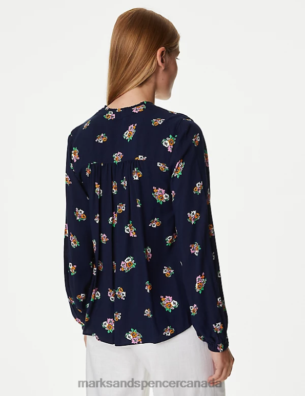 Marks and Spencer Canada - Women Dark Navy Mix Clothing Marks & Spencer Printed Regular Fit Long Sleeve Blouse 20VTD834
