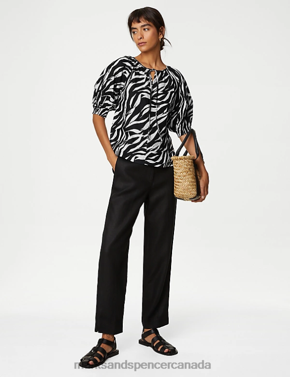 Women Dark Navy Mix Clothing Marks & Spencer Pure Irish Linen Floral Puff Sleeve Blouse 20VTD3012 - Marks and Spencer online