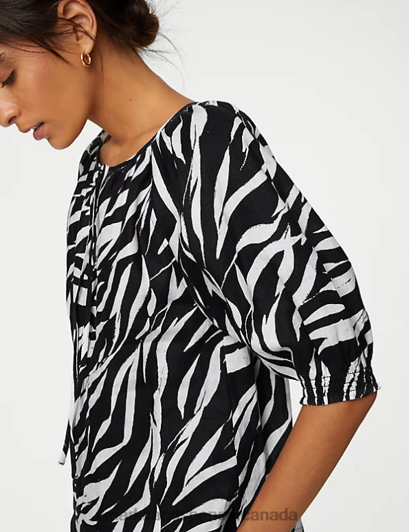 Women Dark Navy Mix Clothing Marks & Spencer Pure Irish Linen Floral Puff Sleeve Blouse 20VTD3012 - Marks and Spencer online