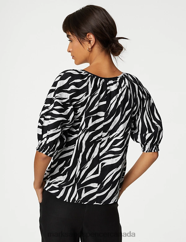 Women Dark Navy Mix Clothing Marks & Spencer Pure Irish Linen Floral Puff Sleeve Blouse 20VTD3012 - Marks and Spencer online