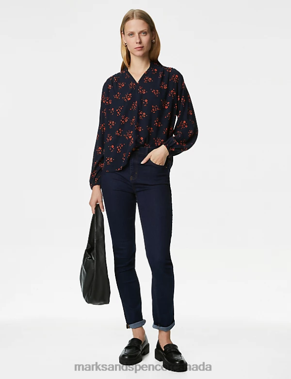 Marks and Spencer Canada - Women Dark Orange Clothing Marks & Spencer Printed Regular Fit Long Sleeve Blouse 20VTD465