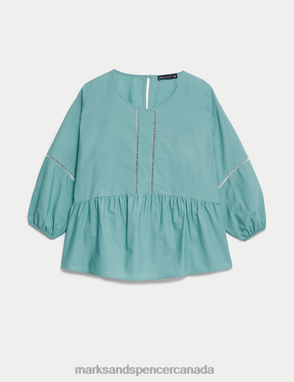 Women Dusted Aqua Clothing Marks & Spencer Pure Cotton Embroidered Puff Sleeve Blouse 20VTD3581 - Marks and Spencer Canada locations