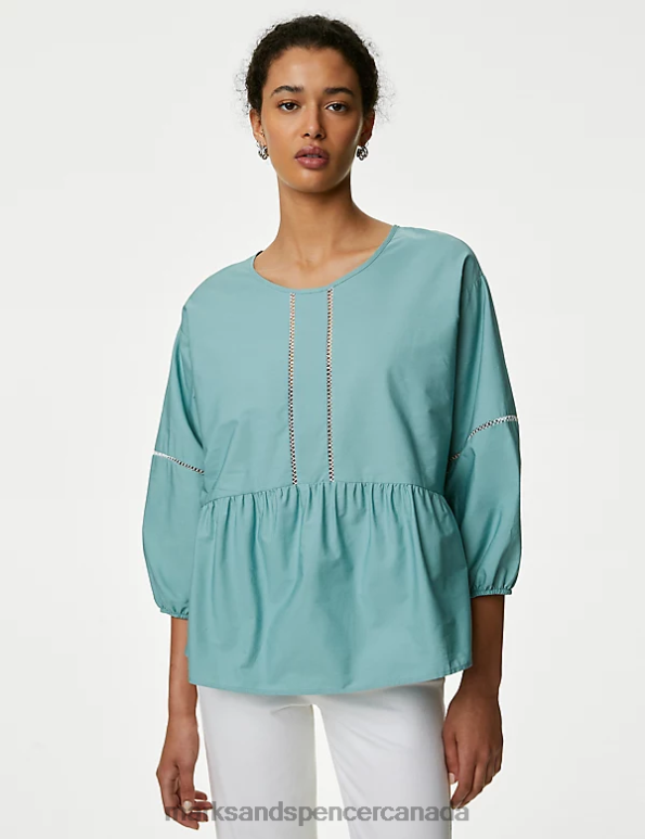 Women Dusted Aqua Clothing Marks & Spencer Pure Cotton Embroidered Puff Sleeve Blouse 20VTD3581 - Marks and Spencer Canada locations