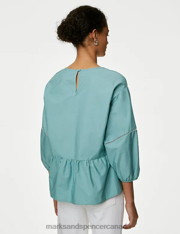 Women Dusted Aqua Clothing Marks & Spencer Pure Cotton Embroidered Puff Sleeve Blouse 20VTD3581 - Marks and Spencer Canada locations