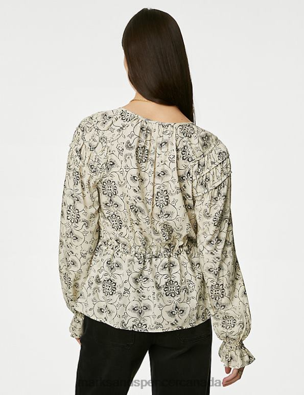 Marks and Spencer Canada - Women Ecru Mix Clothing Marks & Spencer Printed Shirred Tie Neck Blouse 20VTD609