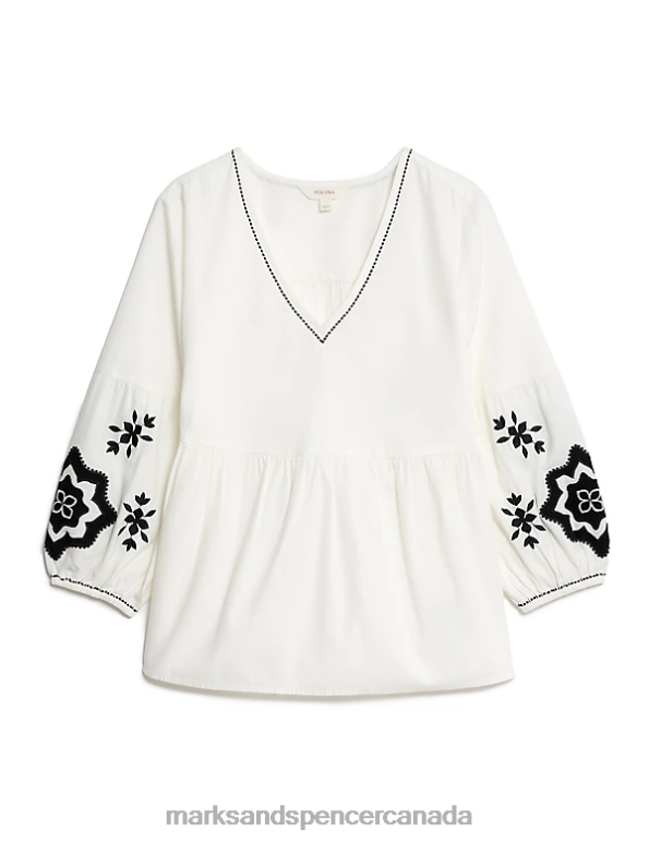 Marks and Spencer near me - Women Ecru Mix Clothing Marks & Spencer Pure Cotton Embroidered V-Neck Blouse 20VTD118