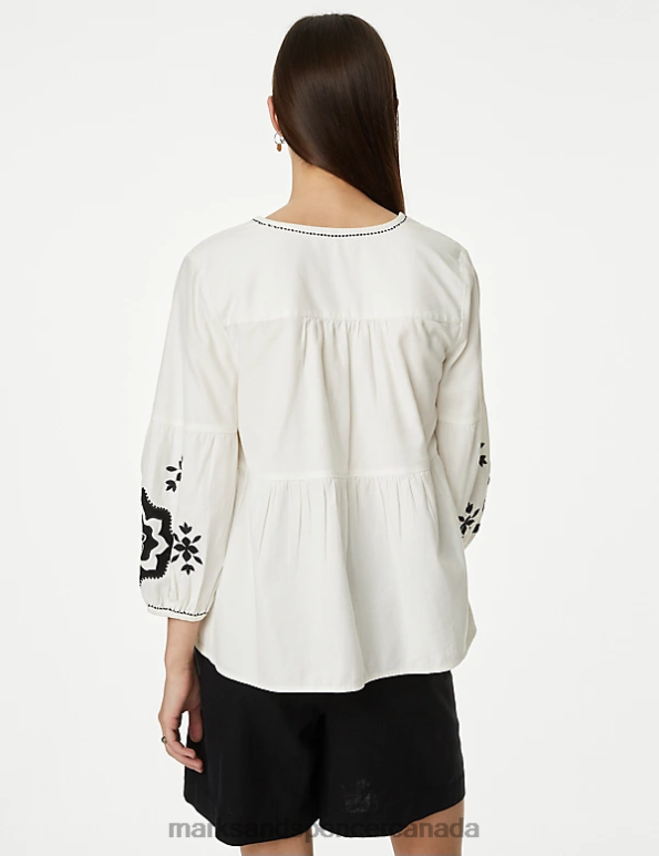 Marks and Spencer near me - Women Ecru Mix Clothing Marks & Spencer Pure Cotton Embroidered V-Neck Blouse 20VTD118