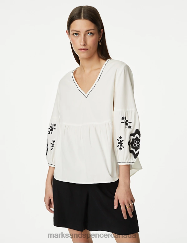 Marks and Spencer near me - Women Ecru Mix Clothing Marks & Spencer Pure Cotton Embroidered V-Neck Blouse 20VTD118