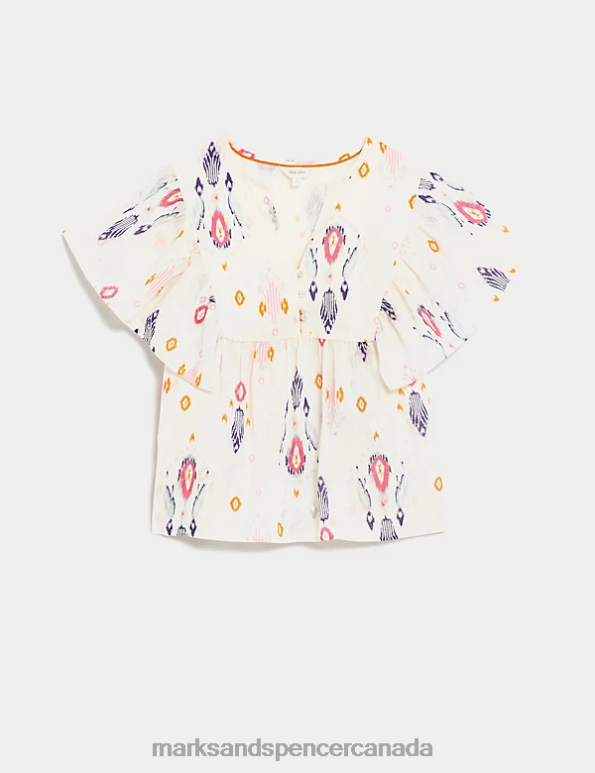 Women Ecru Mix Clothing Marks & Spencer Pure Cotton Printed Notch Neck Blouse 20VTD1183 - Marks and Spencer Canada locations