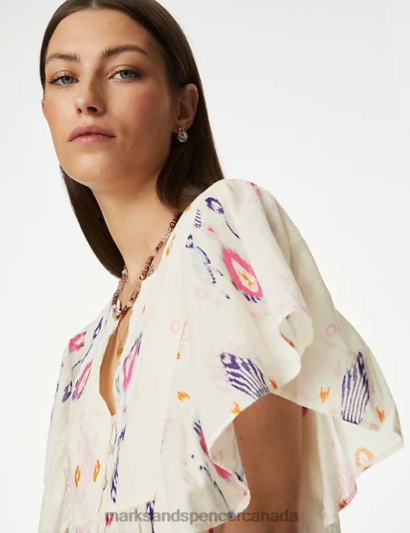 Women Ecru Mix Clothing Marks & Spencer Pure Cotton Printed Notch Neck Blouse 20VTD1183 - Marks and Spencer Canada locations