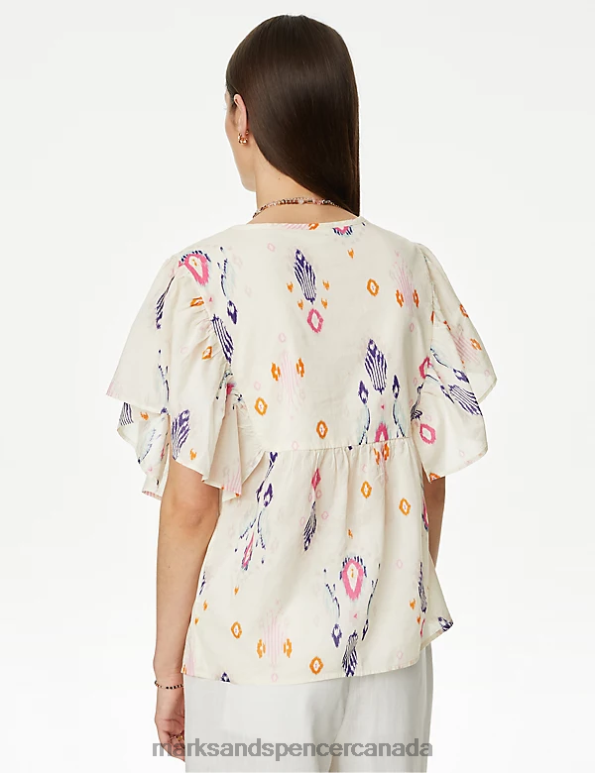 Women Ecru Mix Clothing Marks & Spencer Pure Cotton Printed Notch Neck Blouse 20VTD1183 - Marks and Spencer Canada locations