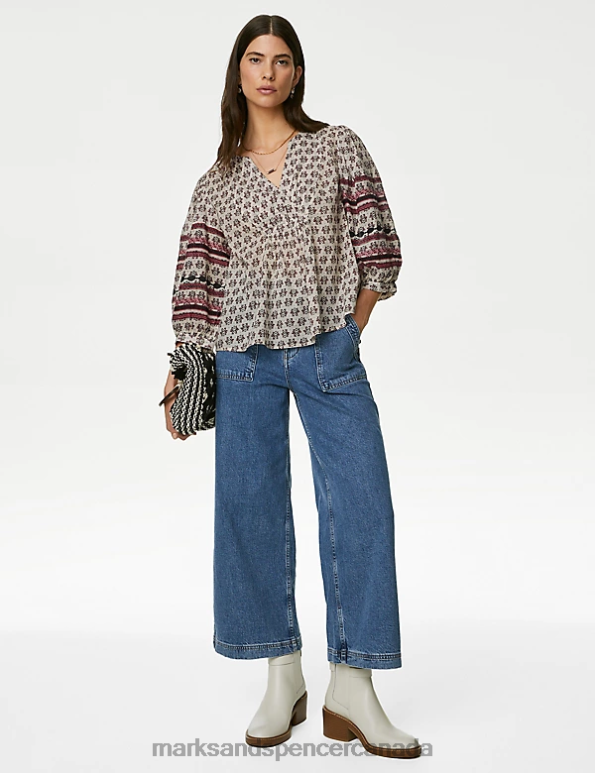 Marks and Spencer Canada - Women Ecru Mix Clothing Marks & Spencer Pure Cotton Printed Notch Neck Blouse 20VTD382