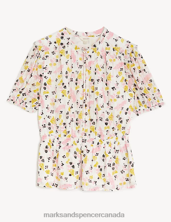 Marks and Spencer Canada - Women Ecru Mix Clothing Marks & Spencer Sparkly Floral Waisted Blouse 20VTD1036