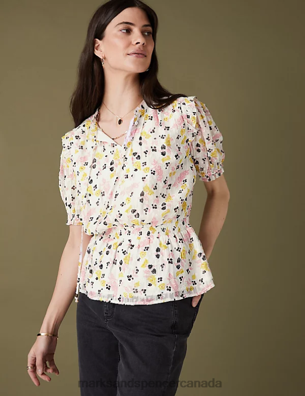 Marks and Spencer Canada - Women Ecru Mix Clothing Marks & Spencer Sparkly Floral Waisted Blouse 20VTD1036