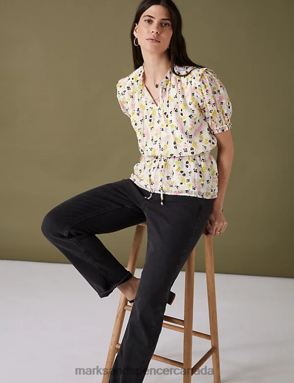 Marks and Spencer Canada - Women Ecru Mix Clothing Marks & Spencer Sparkly Floral Waisted Blouse 20VTD1036