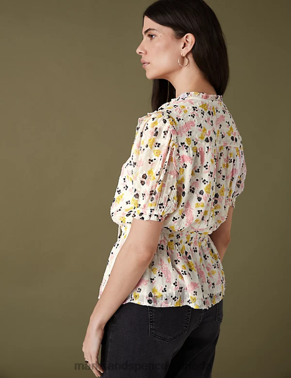 Marks and Spencer Canada - Women Ecru Mix Clothing Marks & Spencer Sparkly Floral Waisted Blouse 20VTD1036