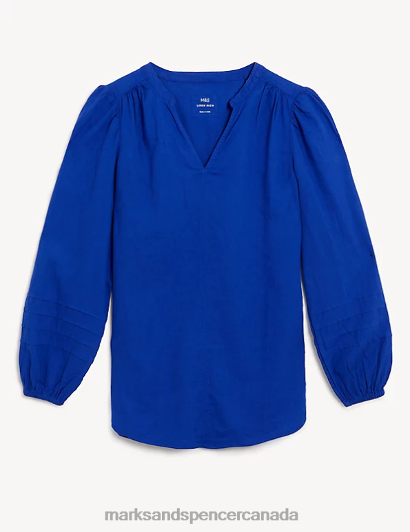 Marks and Spencer sale - Women Electric Blue Clothing Marks & Spencer Linen Rich V-Neck Blouson Sleeve Blouse 20VTD1248
