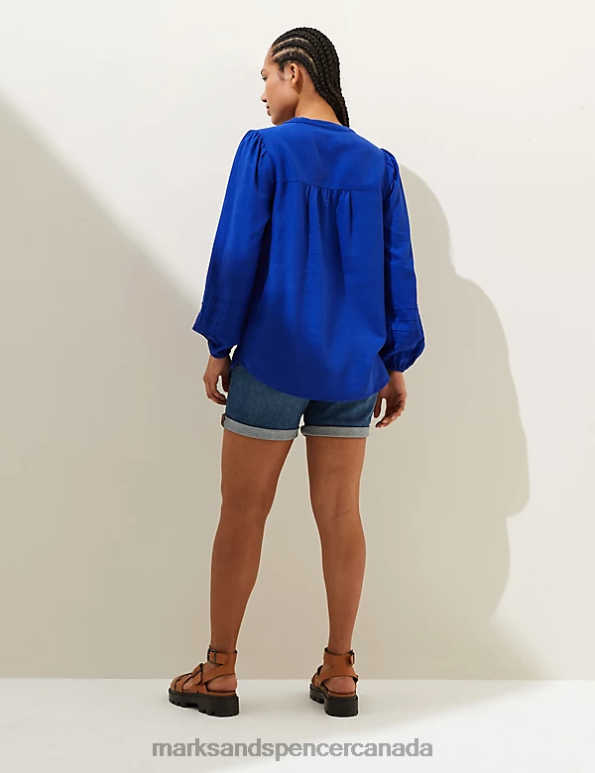 Marks and Spencer sale - Women Electric Blue Clothing Marks & Spencer Linen Rich V-Neck Blouson Sleeve Blouse 20VTD1248