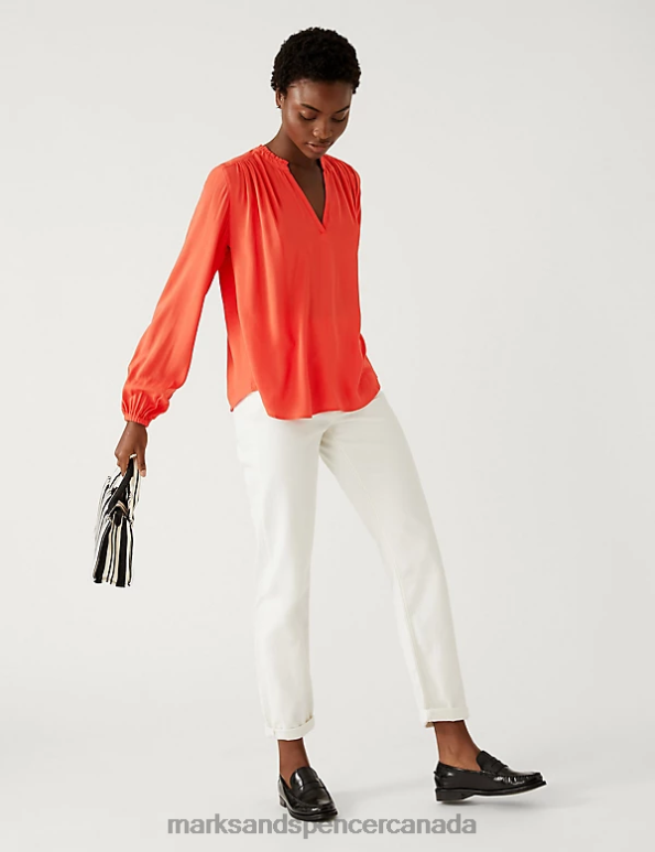 Women Flame Clothing Marks & Spencer Collarless Regular Fit Long Sleeve Blouse 20VTD2596 - Marks and Spencer online