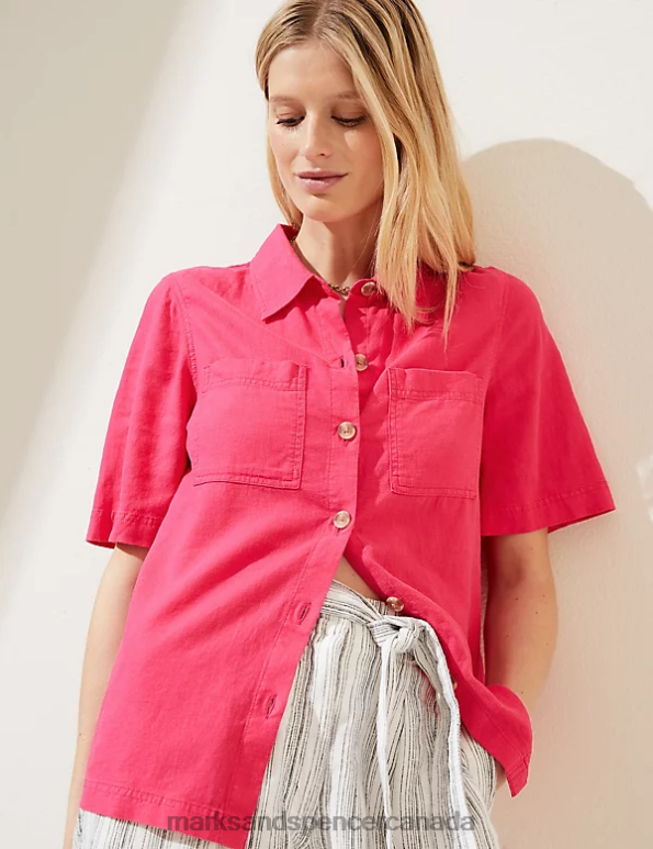 Women Fuchsia Clothing Marks & Spencer Linen Rich Collared Utility Shirt 20VTD2840 - Marks and Spencer Canada locations