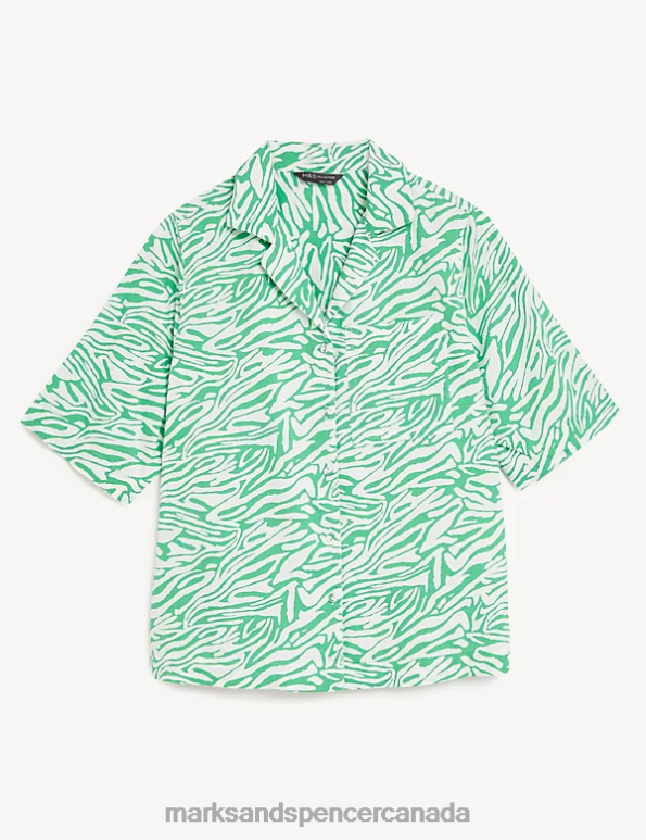 Women Green Mix Clothing Marks & Spencer Cotton Rich Animal Print Collared Shirt 20VTD1511 - Marks and Spencer online