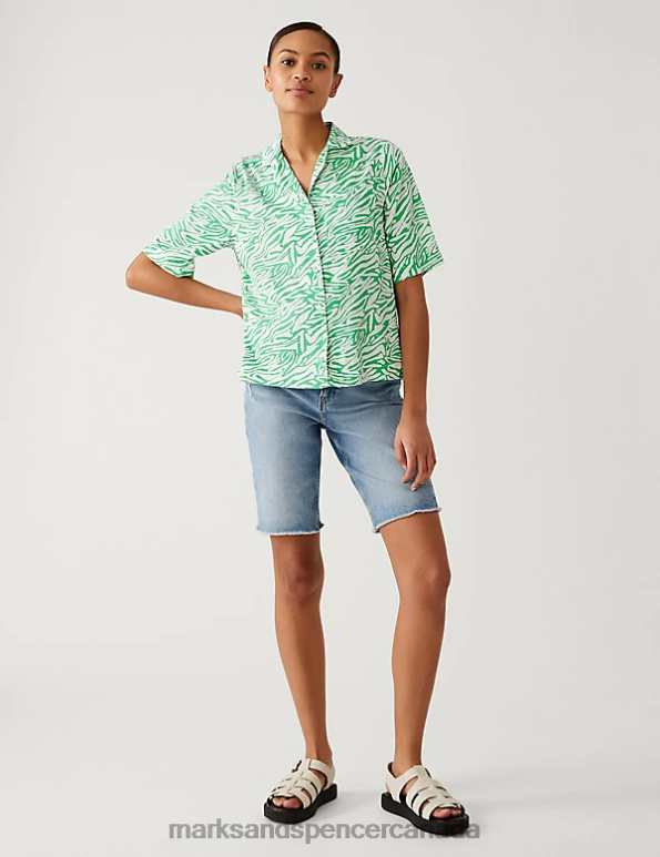 Women Green Mix Clothing Marks & Spencer Cotton Rich Animal Print Collared Shirt 20VTD1511 - Marks and Spencer online