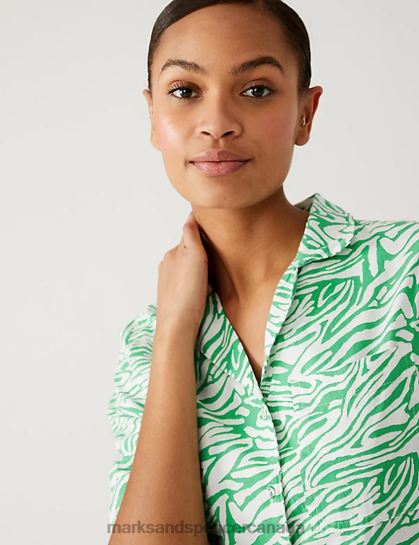 Women Green Mix Clothing Marks & Spencer Cotton Rich Animal Print Collared Shirt 20VTD1511 - Marks and Spencer online