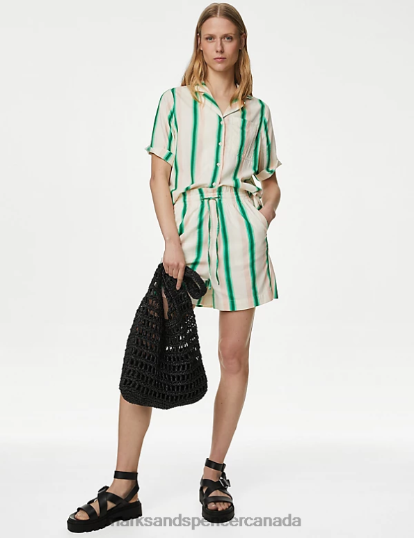 Marks and Spencer near me - Women Green Mix Clothing Marks & Spencer Cotton Rich Striped Collared V-Neck Shirt 20VTD2618