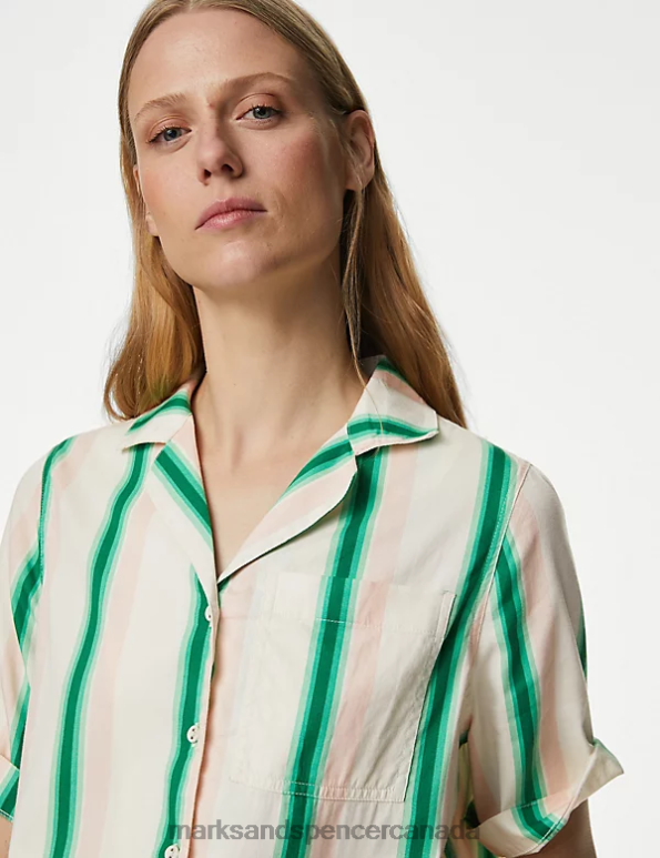 Marks and Spencer near me - Women Green Mix Clothing Marks & Spencer Cotton Rich Striped Collared V-Neck Shirt 20VTD2618