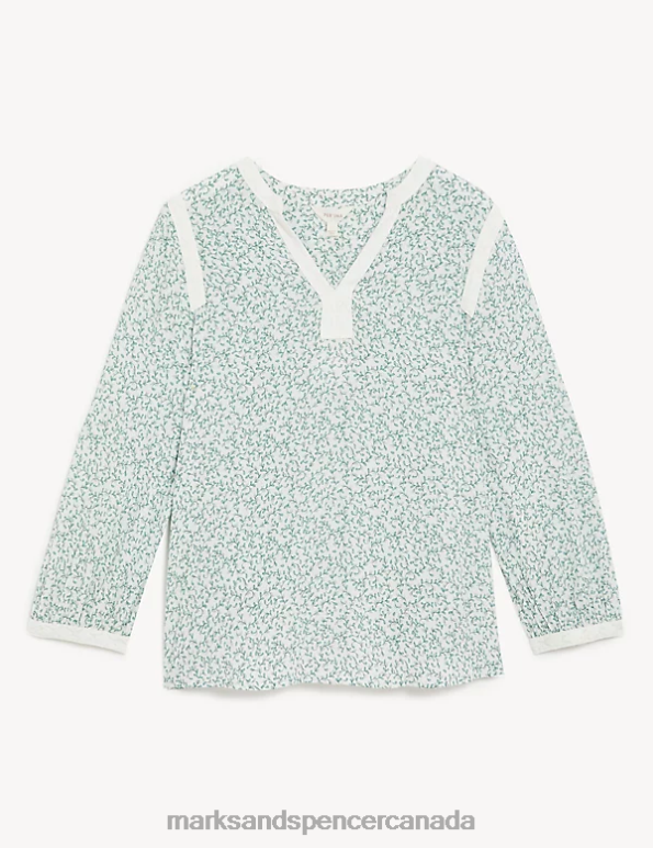 Women Green Mix Clothing Marks & Spencer Floral Notch Neck Lace Detail Blouse 20VTD2377 - Marks and Spencer online