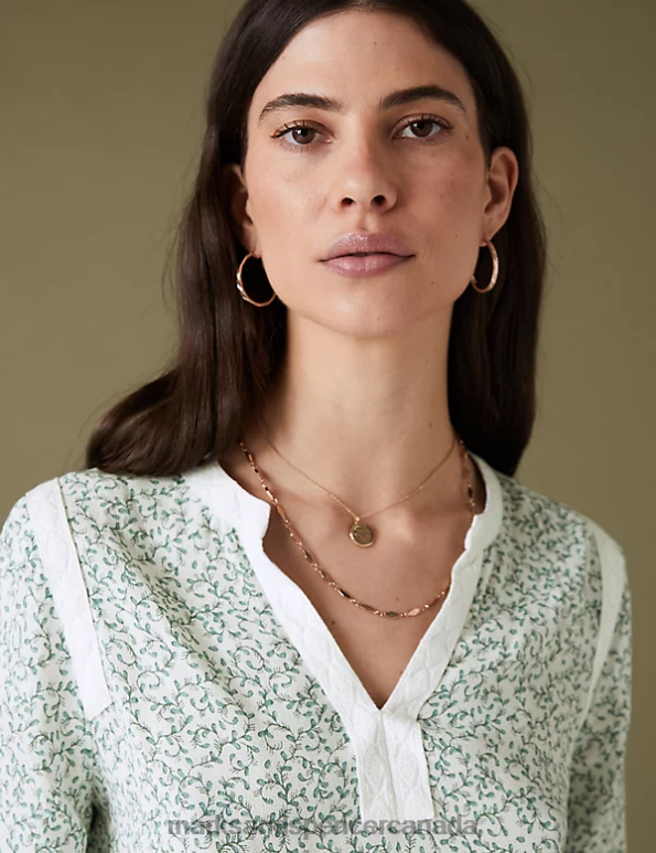 Women Green Mix Clothing Marks & Spencer Floral Notch Neck Lace Detail Blouse 20VTD2377 - Marks and Spencer online