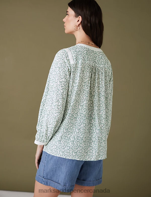 Women Green Mix Clothing Marks & Spencer Floral Notch Neck Lace Detail Blouse 20VTD2377 - Marks and Spencer online