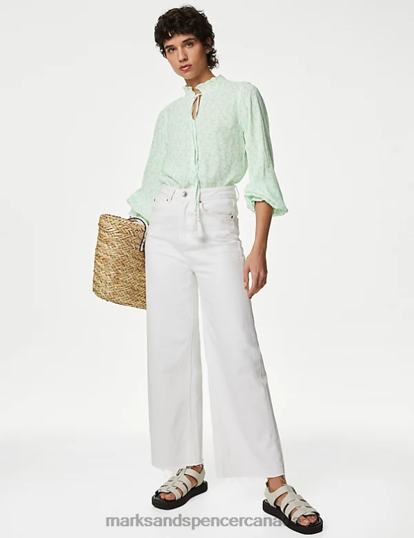 Women Green Mix Clothing Marks & Spencer Floral Tie Neck Ruffle Blouse 20VTD1437 - Marks and Spencer outlet