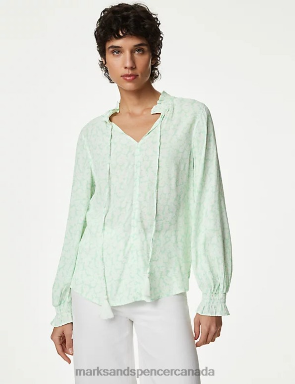 Women Green Mix Clothing Marks & Spencer Floral Tie Neck Ruffle Blouse 20VTD1437 - Marks and Spencer outlet