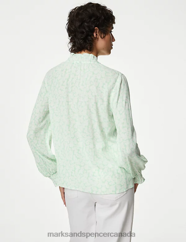 Women Green Mix Clothing Marks & Spencer Floral Tie Neck Ruffle Blouse 20VTD1437 - Marks and Spencer outlet