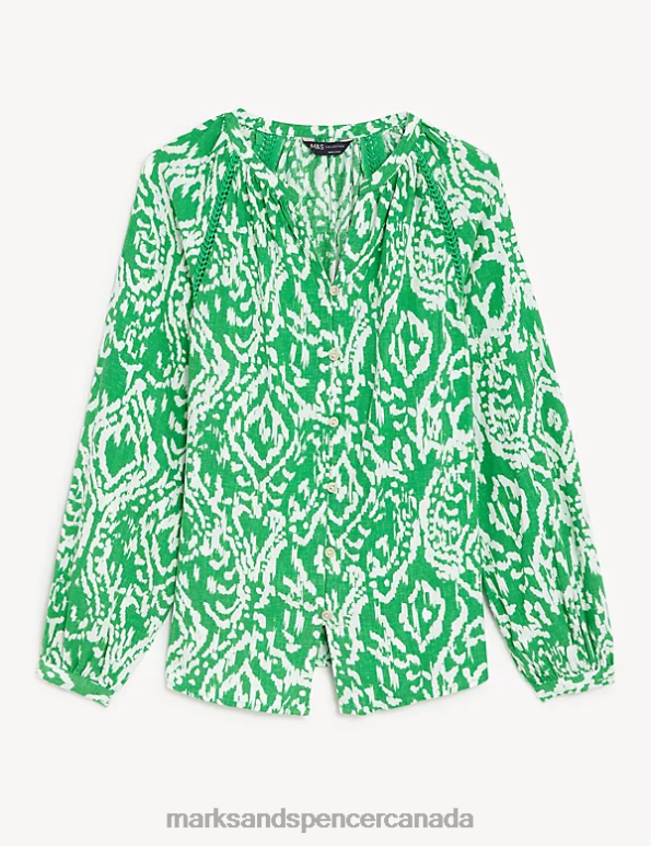 Marks and Spencer sale - Women Green Mix Clothing Marks & Spencer Linen Rich Printed Collarless Blouse 20VTD933