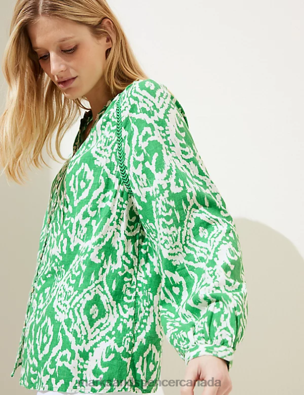 Marks and Spencer sale - Women Green Mix Clothing Marks & Spencer Linen Rich Printed Collarless Blouse 20VTD933