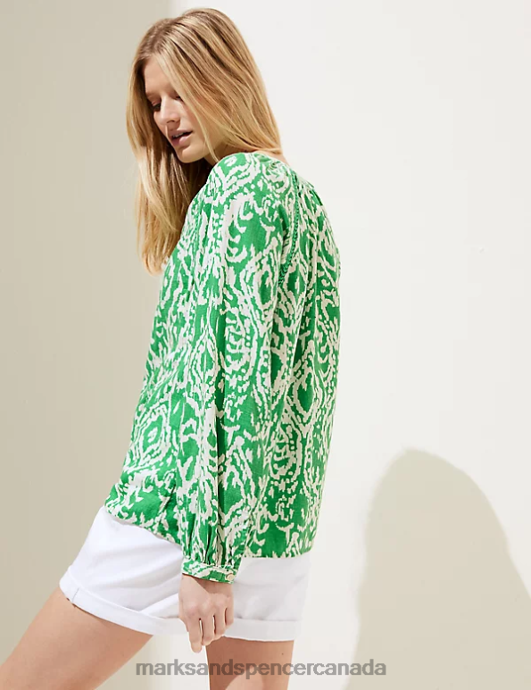 Marks and Spencer sale - Women Green Mix Clothing Marks & Spencer Linen Rich Printed Collarless Blouse 20VTD933