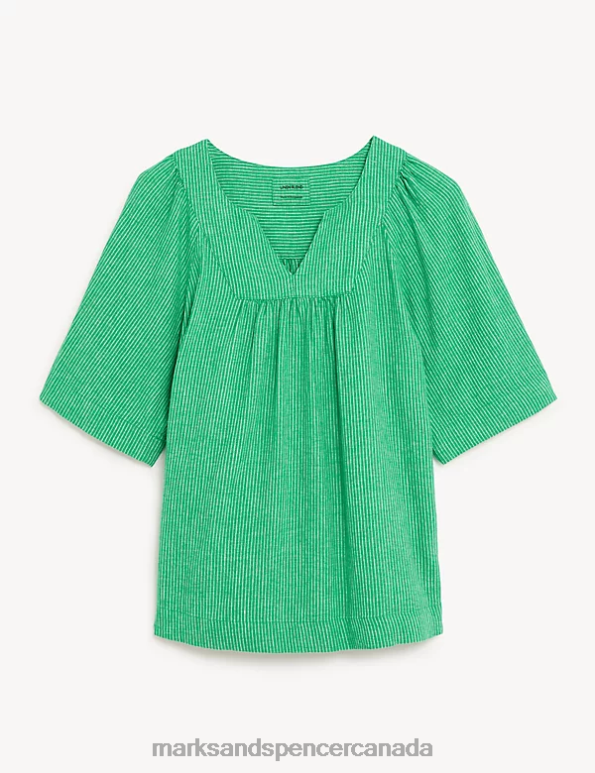 Women Green Mix Clothing Marks & Spencer Linen Rich Striped V-Neck Blouse 20VTD2890 - Marks and Spencer online