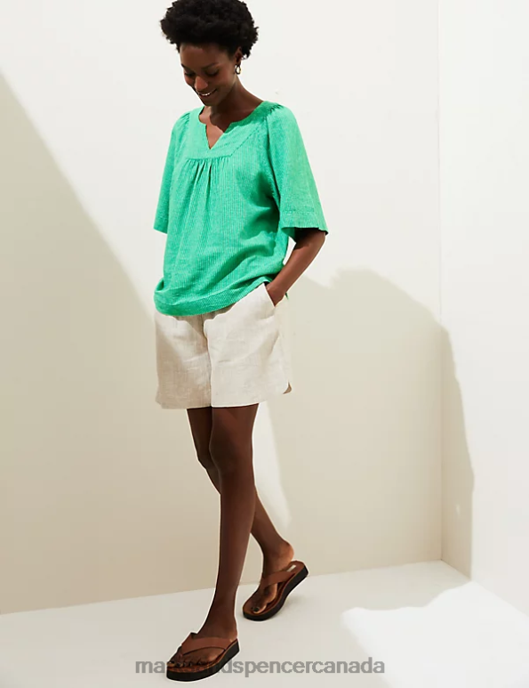 Women Green Mix Clothing Marks & Spencer Linen Rich Striped V-Neck Blouse 20VTD2890 - Marks and Spencer online