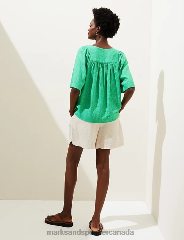 Women Green Mix Clothing Marks & Spencer Linen Rich Striped V-Neck Blouse 20VTD2890 - Marks and Spencer online