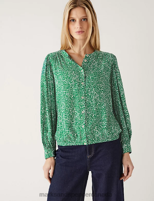 Women Green Mix Clothing Marks & Spencer Printed Crew Neck Blouse 20VTD509 - Marks and Spencer online