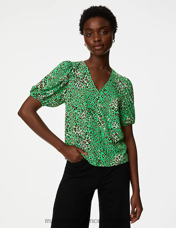 Women Green Mix Clothing Marks & Spencer Printed V-Neck Puff Sleeve Blouse 20VTD910 - Marks and Spencer outlet