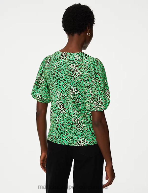 Women Green Mix Clothing Marks & Spencer Printed V-Neck Puff Sleeve Blouse 20VTD910 - Marks and Spencer outlet