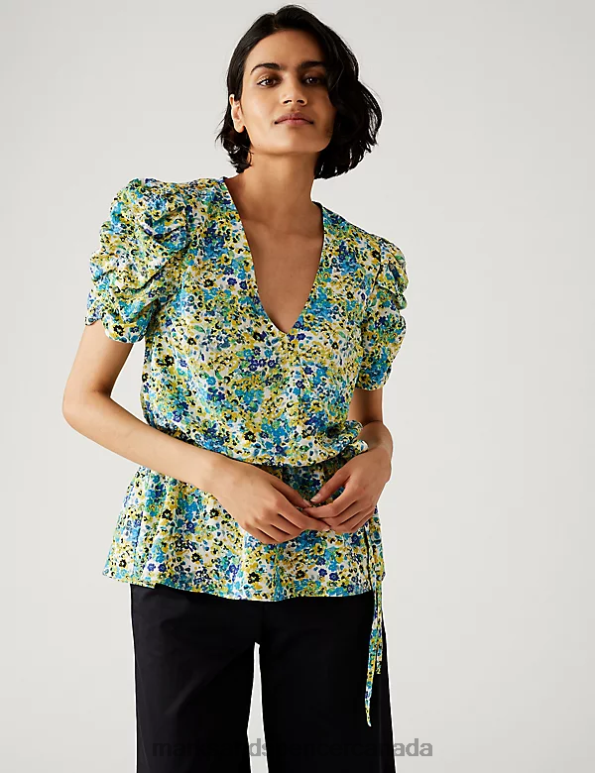 Marks and Spencer Canada - Women Green Mix Clothing Marks & Spencer Printed V-Neck Wrap Top 20VTD1627